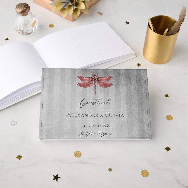 Red Jewelled Dragonfly Wedding Guest Book (Front Open)