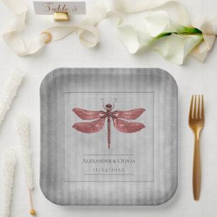 Red Jewelled Dragonfly Wedding Paper Plate