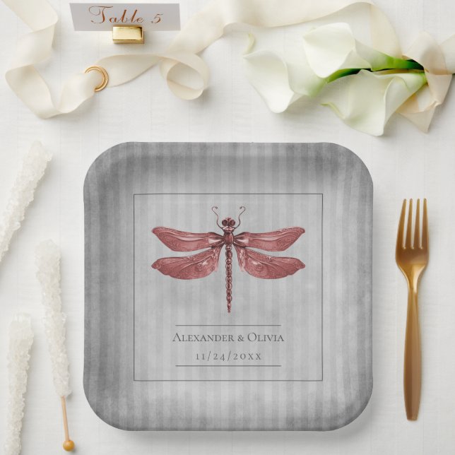 Red Jewelled Dragonfly Wedding Paper Plate (Wedding)