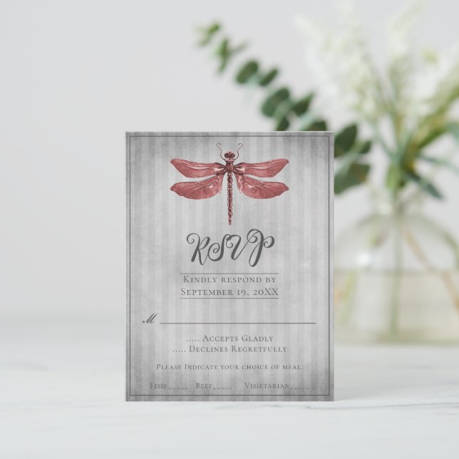 Red Jewelled Dragonfly Wedding RSVP (Standing Front)