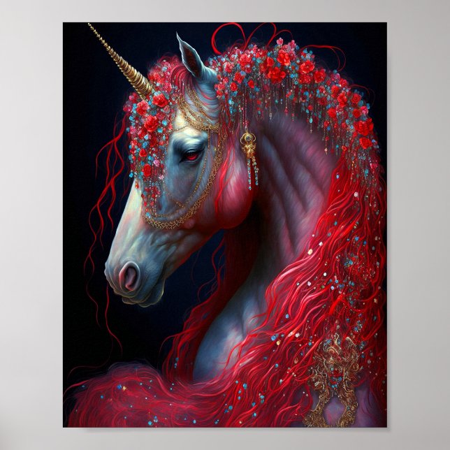 Red Jewelled Unicorn Fantasy Art Poster (Front)