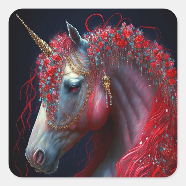 Red Jewelled Unicorn Fantasy Art Square Sticker (Front)
