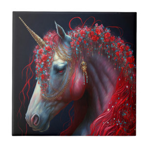 Red Jewelled Unicorn Fantasy Art Tile