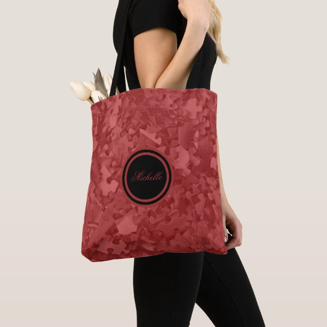 Red Jigsaw Puzzles Add Name or Monogram Tote Bag (Close Up)