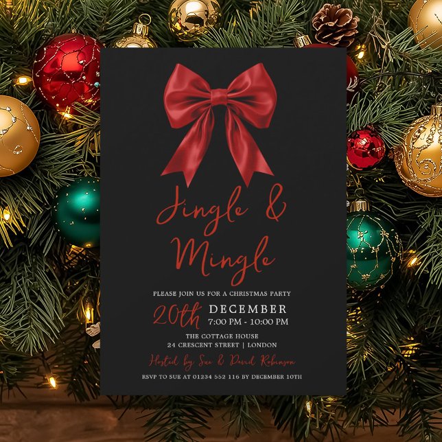Red Jingle Mingle Christmas Party Glam Bow Black Invitation (Red Jingle Mingle Christmas Party Glam Bow Black Invitation)