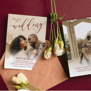 Red Join Us Calligraphy Photo Double Sided Wedding Invitation