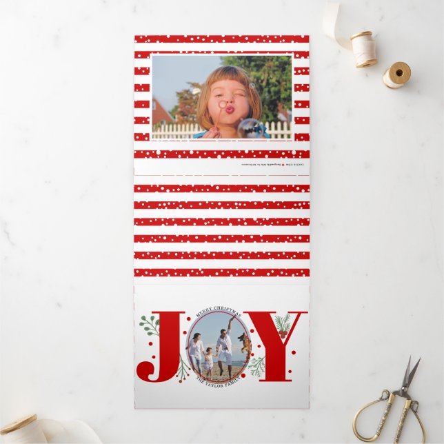 Red joy and berries Christmas holiday photo Tri-Fold Holiday Card (Outside)