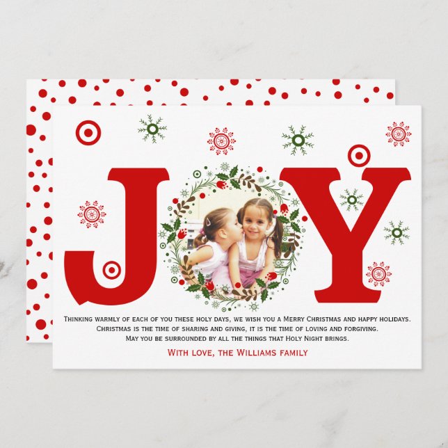 Red Joy and Christmas floral wreath photo Holiday Card (Front/Back)