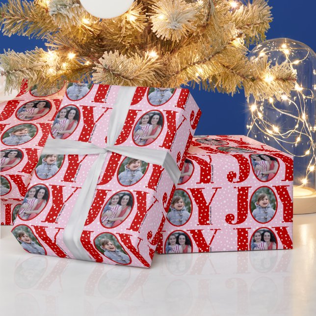 Red JOY and snowflakes pink two photo Christmas Wrapping Paper (Holidays)
