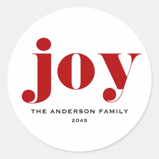 Red JOY Bold Typography Modern Christmas Classic Round Sticker (Front)