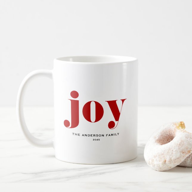 Red JOY Bold Typography Modern Christmas Coffee Mug (With Donut)