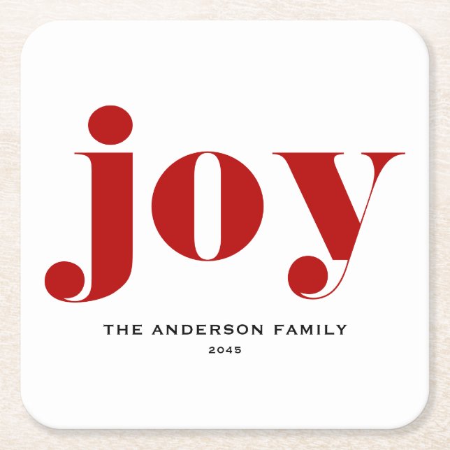 Red JOY Bold Typography Modern Christmas Square Paper Coaster (Front)