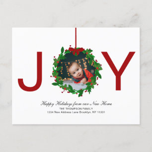 Red Joy Christmas Botanical Wreath Photo Moving Holiday Postcard