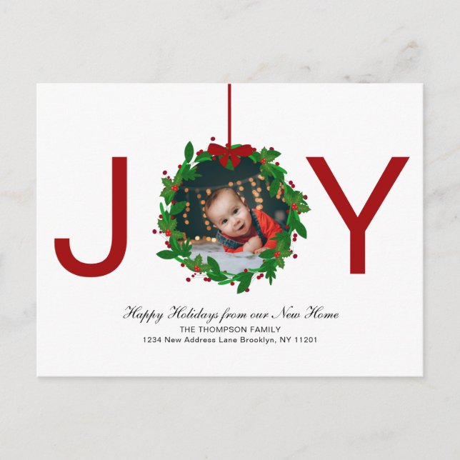 Red Joy Christmas Botanical Wreath Photo Moving Holiday Postcard (Front)