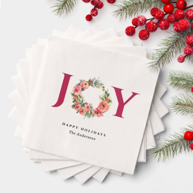 Red Joy Floral Wreath Botanical Christmas Party Napkin (Creator Uploaded)