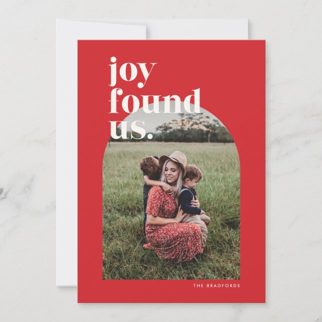 Red Joy Found Us Arched Photo Holiday Card (Front)