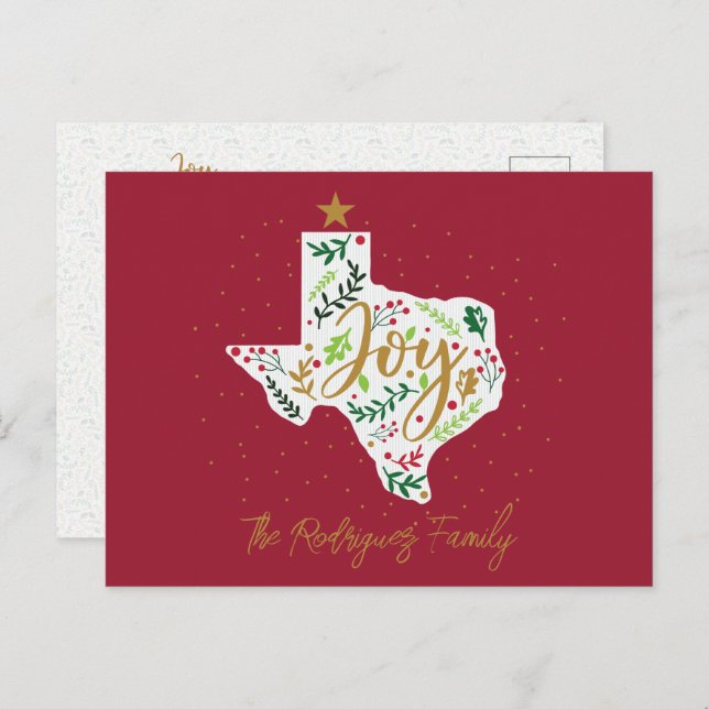 Red Joy Holiday Leaves Texas Shape Postcard (Front/Back)