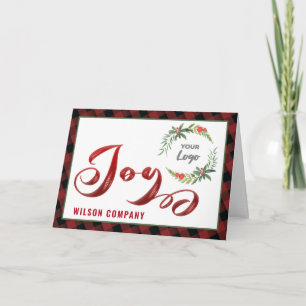 Red joy holly wreath company logo holiday card