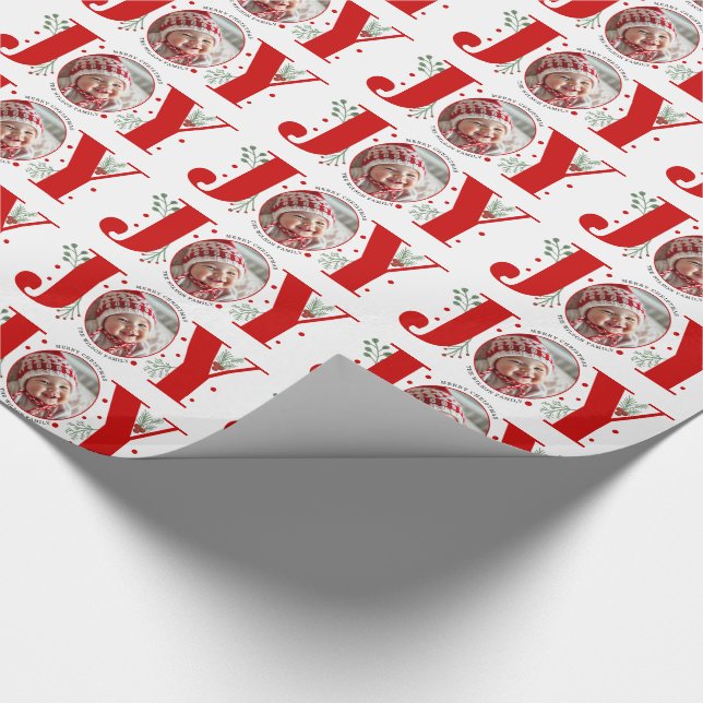 Red JOY Merry Christmas holiday photo Wrapping Paper (Corner)