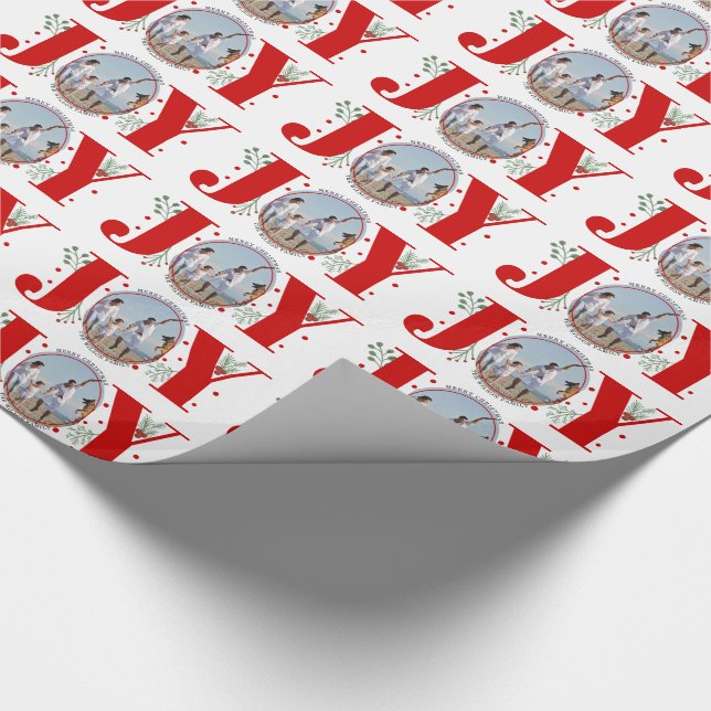 Red JOY Merry Christmas holiday photo Wrapping Paper (Corner)