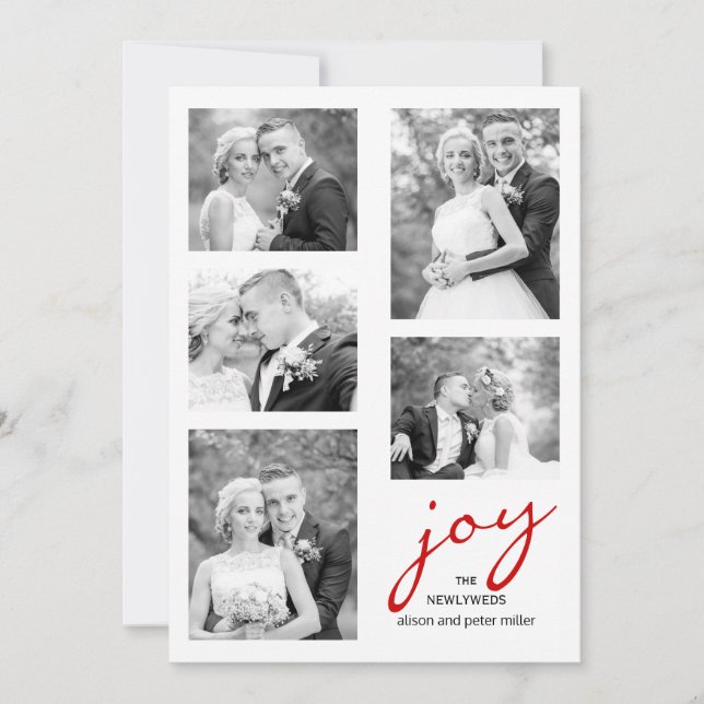 Red joy newlyweds elegant photo collage Christmas Holiday Card (Front)
