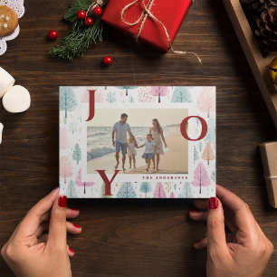 Red Joy Pastel Christmas Trees Photo Holiday Card