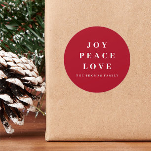 Red Joy Peace Love Minimal Christmas Family Name Classic Round Sticker