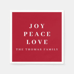 Red Joy Peace Love Minimal Christmas Family Name Napkin