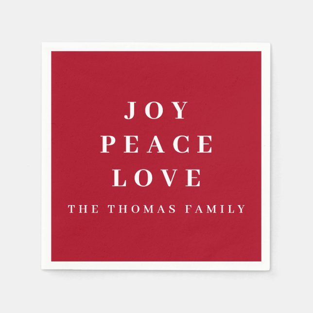 Red Joy Peace Love Minimal Christmas Family Name Napkin (Front)
