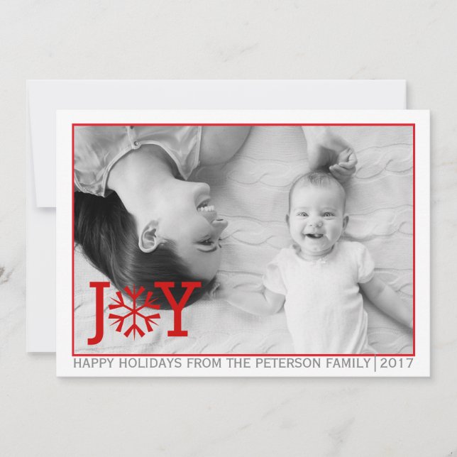 Red "JOY", snowflake Christmas holiday flat photo (Front)