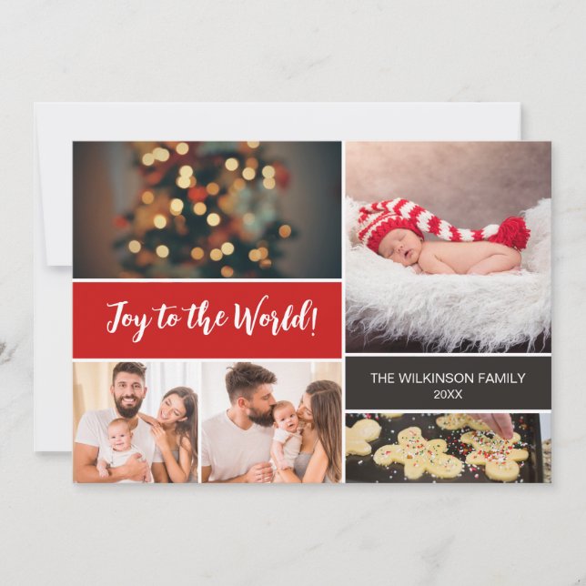 Red Joy to the World Baby's first Christmas photos Holiday Card (Front)
