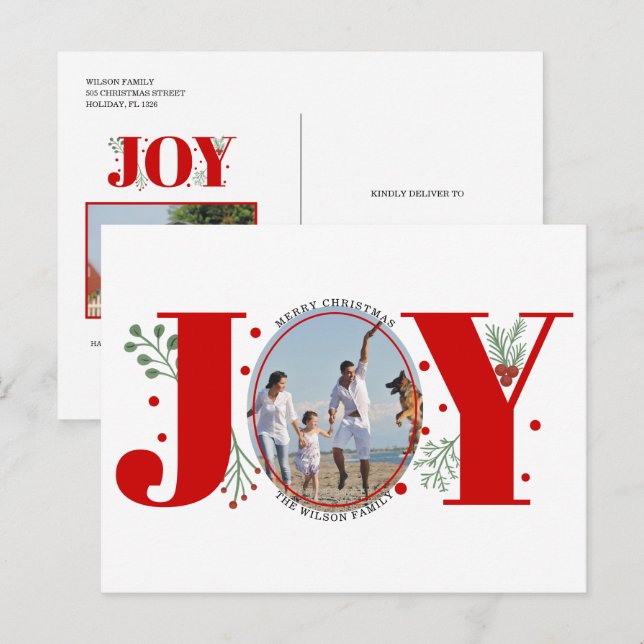 Red Joy with berries Christmas holiday photo Postcard (Front/Back)