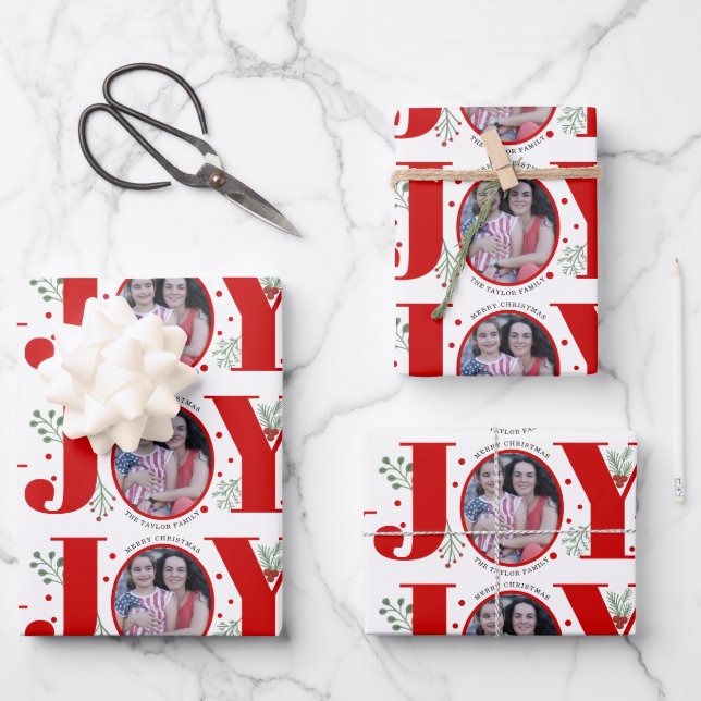 Red Joy with berries Christmas holiday photo Wrapping Paper Sheet (Front)