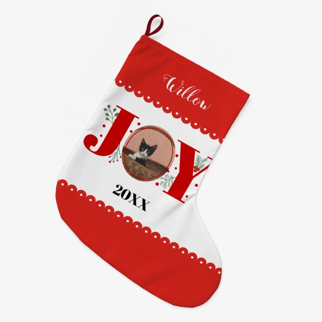 Red Joy with berries Christmas photo cat pet Large Christmas Stocking (Front (Hanging))