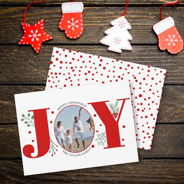 Red Joy with berries Christmas photo Holiday Card (Creator Uploaded)