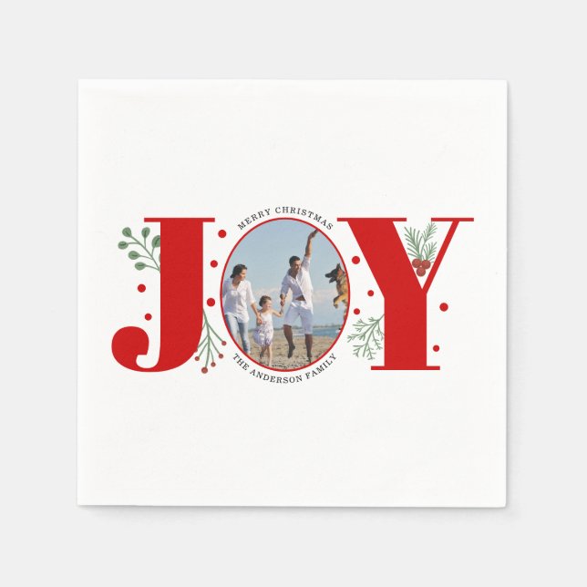 Red Joy with berries Christmas photo Holiday Napkin (Front)