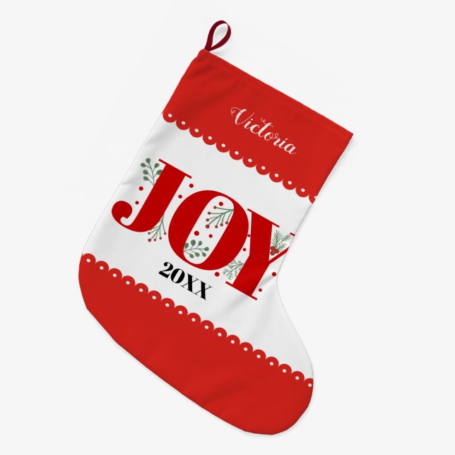 Red Joy with berries Christmas photo Large Christmas Stocking (Front (Hanging))