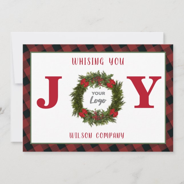 Red Joy wreath corporate logo Holiday Card (Front)