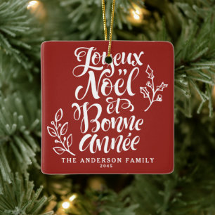 Red Joyeux Noël and Bonne Année Calligraphy Ceramic Ornament