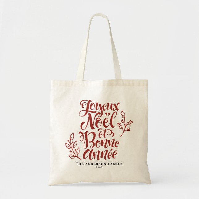 Red Joyeux Noël et Bonne Année Modern Script Tote Bag (Front)