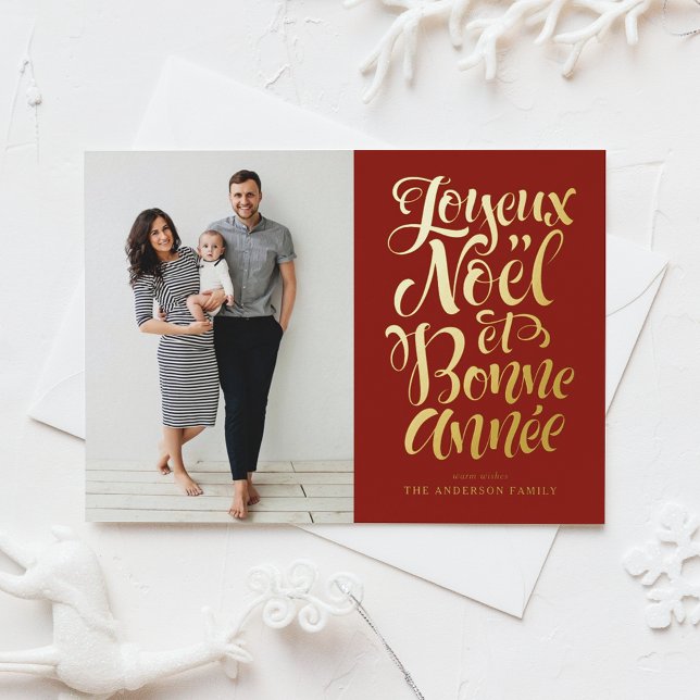 Red Joyeux Noël et Bonne Année Script Photo Foil Holiday Card (Creator Uploaded)