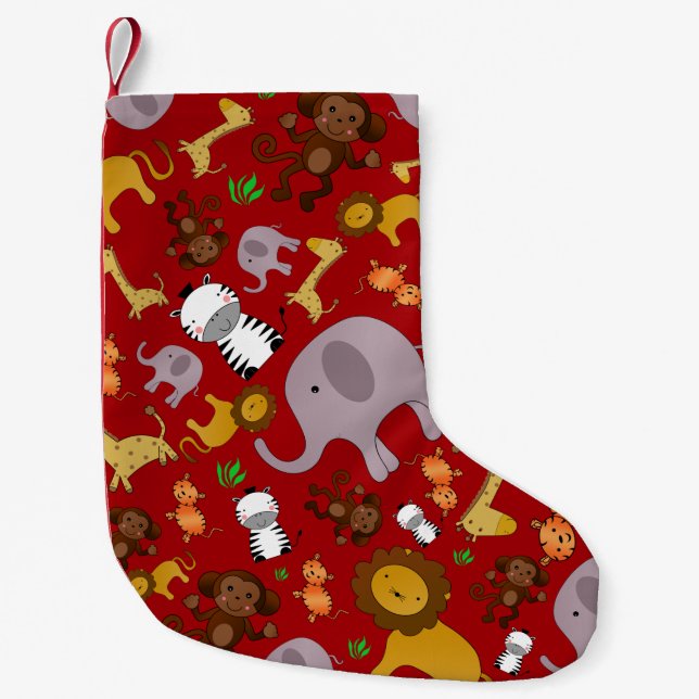 Red jungle safari animals small christmas stocking (Front)