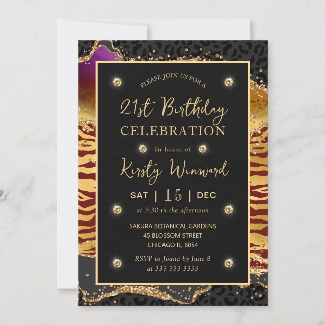 Red Jungle Safari Glitter Agate 21st Birthday Invitation (Front)