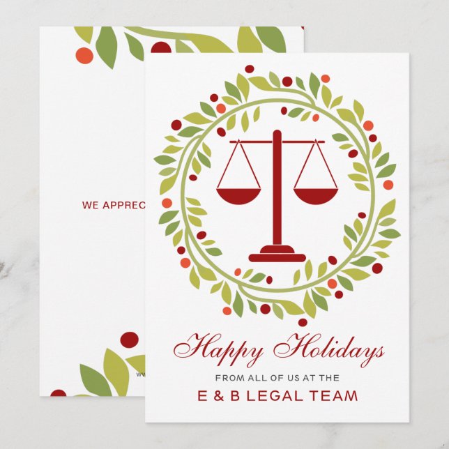 Red Justice Scale Holly Wreath Law Firm Christmas Holiday Card (Front/Back)