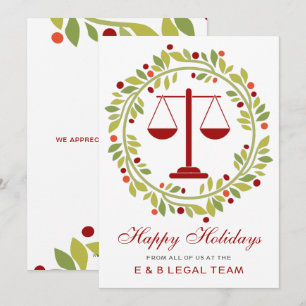 Red Justice Scale Holly Wreath Law Firm Christmas Holiday Card
