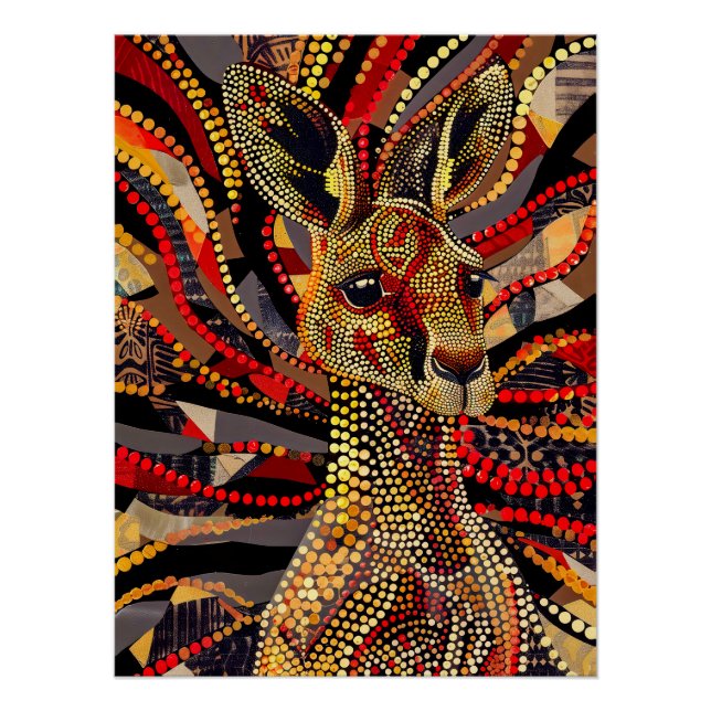 Red Kangaroo in Aborigine Dot Art Style Poster (Front)