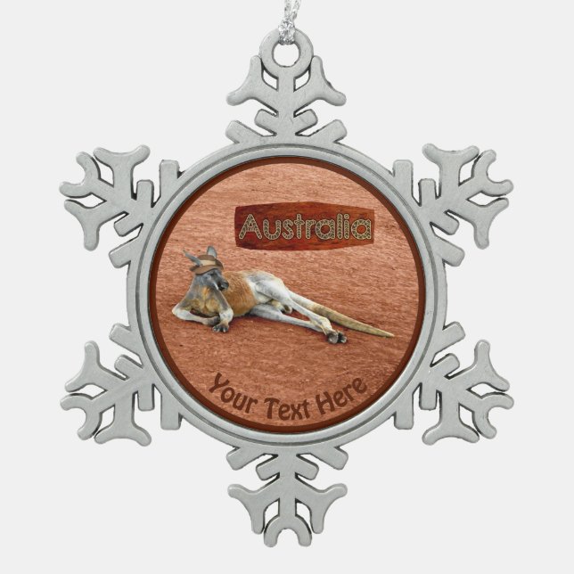 Red Kangaroo In Slouch Hat Snowflake Pewter Christmas Ornament (Front)