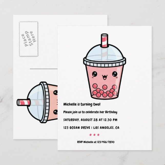 Red Kawaii Bubble Tea Birthday Party Postcard (Front/Back)