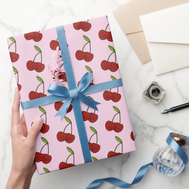 Red Kawaii Cherries on Pink Wrapping Paper (Gifting)