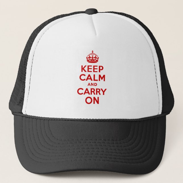 Red Keep Calm and Carry On Trucker Hat (Front)